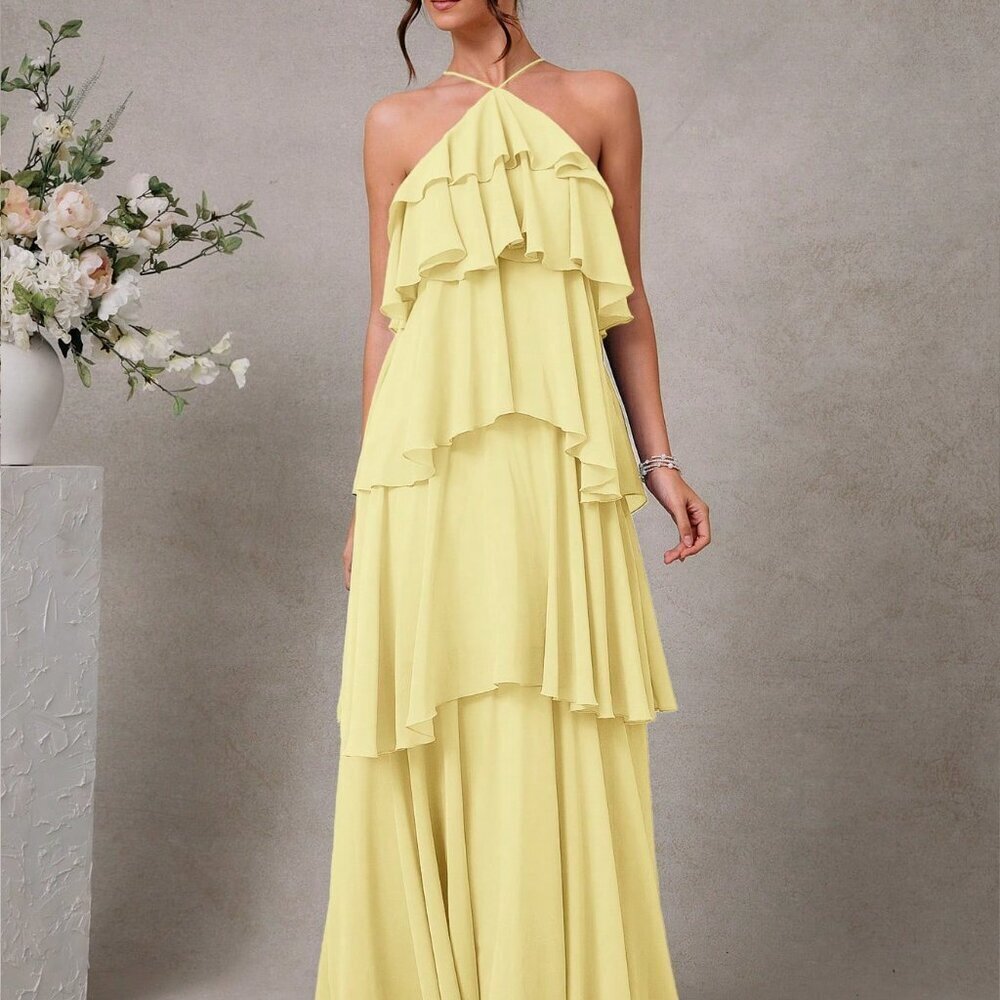 Yellow Elegant Women's Sexy Halter Chiffon Wedding Guest Dress